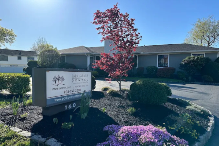 The exterior of Park Avenue Dental Clinic, showcasing the sign with contact information and landscaped surroundings.